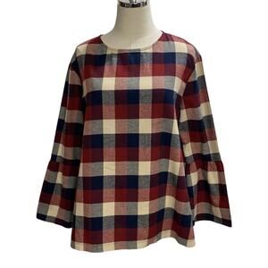 Hatch Maternity Red Navy Cream Plaid Flannel Bell 3/4 Sleeve Top Blouse SZ 1/SM